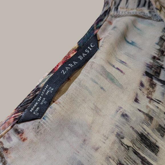 Zara Semi-Sheer Long Sleeve Blouse - Neutral Watercolor Print - Size Small - Picture 7 of 9